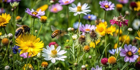 Fototapeta premium Vibrant wildflowers of yellow, pink, and purple bloom in a lush green meadow, attracting busy bees as they fly from flower to flower collecting nectar.