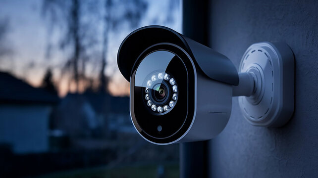 A close-up view of a modern home security camera with a night vision lens camera is mounted on a wall and is connected to a home security system