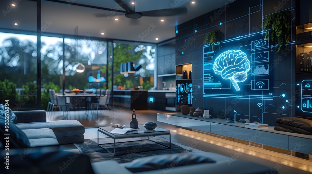 Poster futuristic smart home with neural command controlled appliances and devices for a seamless living ex