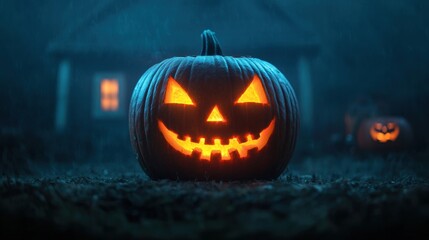 Naklejka premium Illuminated Pumpkin Spirit Emerging on Halloween Night with Copy Space for Text, Selective Focus in Ultra HD