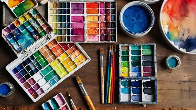 Creative video of colorful stationery and art supplies, including paintbrushes, watercolor palettes, and sketchbooks, being used in an artistic process, with overhead shots and vibrant colors.