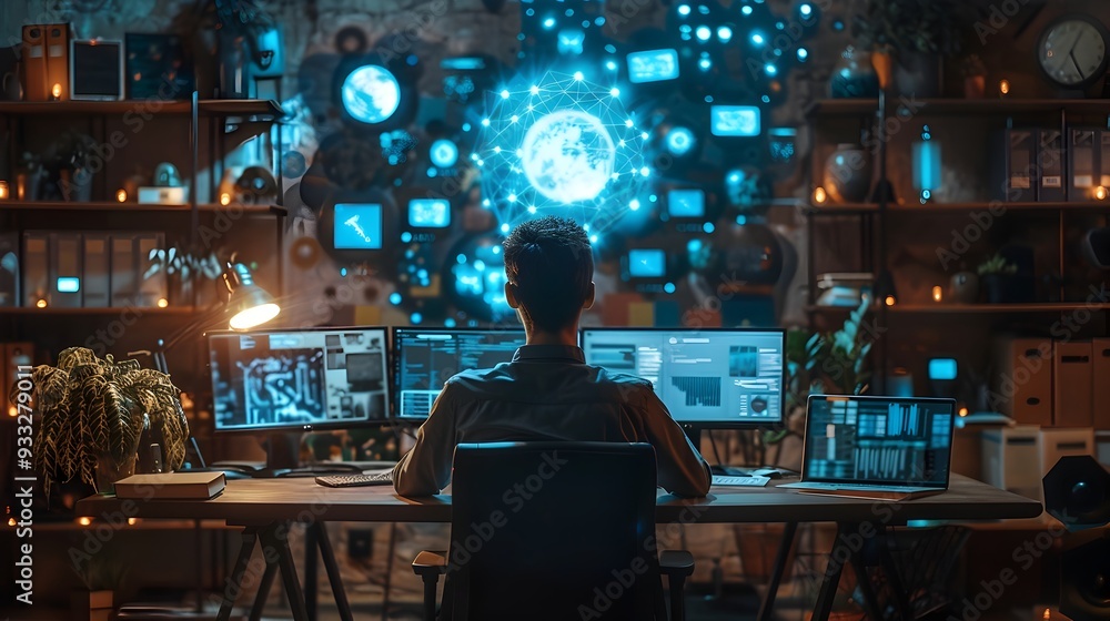 Aufkleber futuristic workspace with employees utilizing neural technology for boosted productivity and creativ