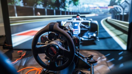 A VR racing game setup with a steering wheel and pedals in front, and a VR headset showing a first-person view of a racing track on its display.