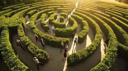 An aerial view of a group of people walking through a hedge maze.