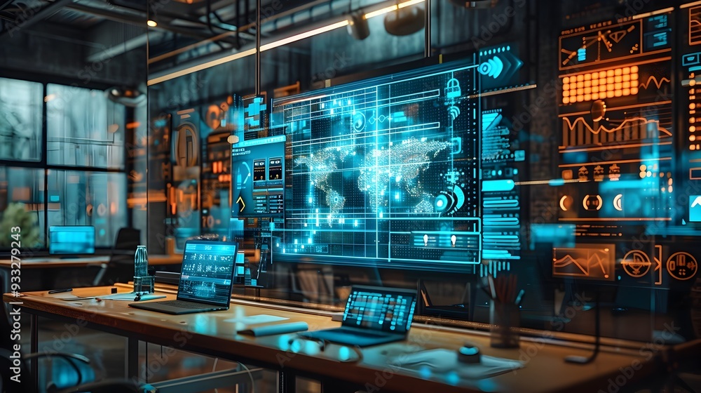 Poster futuristic workspace with neural technology boosting productivity and creativity