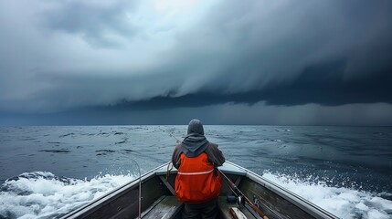 A person fishing in a boat with a storm approaching.