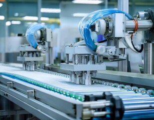 Manufacturing equipment and a production line, representing industrial production, assembly, and quality control.