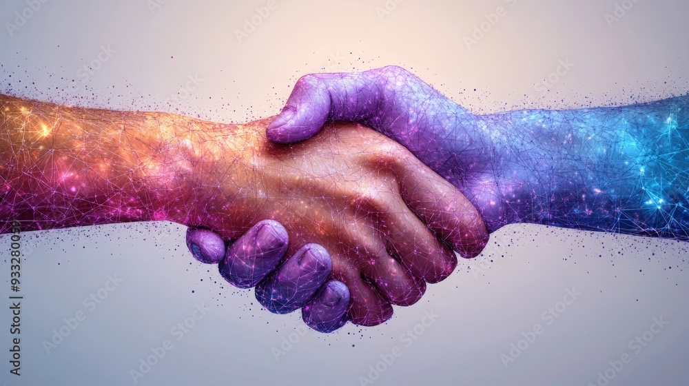 Poster a colorful representation of two hands shaking, showcasing unity and partnership in a vibrant and ab