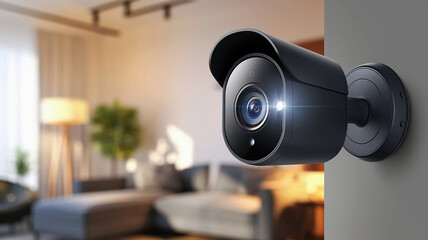 A close-up view of a modern home security camera monitoring vigilantly the camera is mounted on a wall and has a sleek, black design