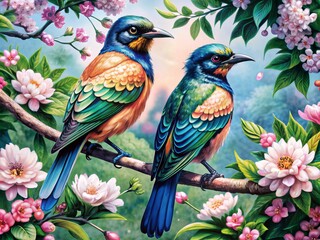Fototapeta premium Vibrant watercolor illustration of two majestic birds perched on a blooming branch, surrounded by delicate flowers and lush greenery, exuding serenity and elegance.