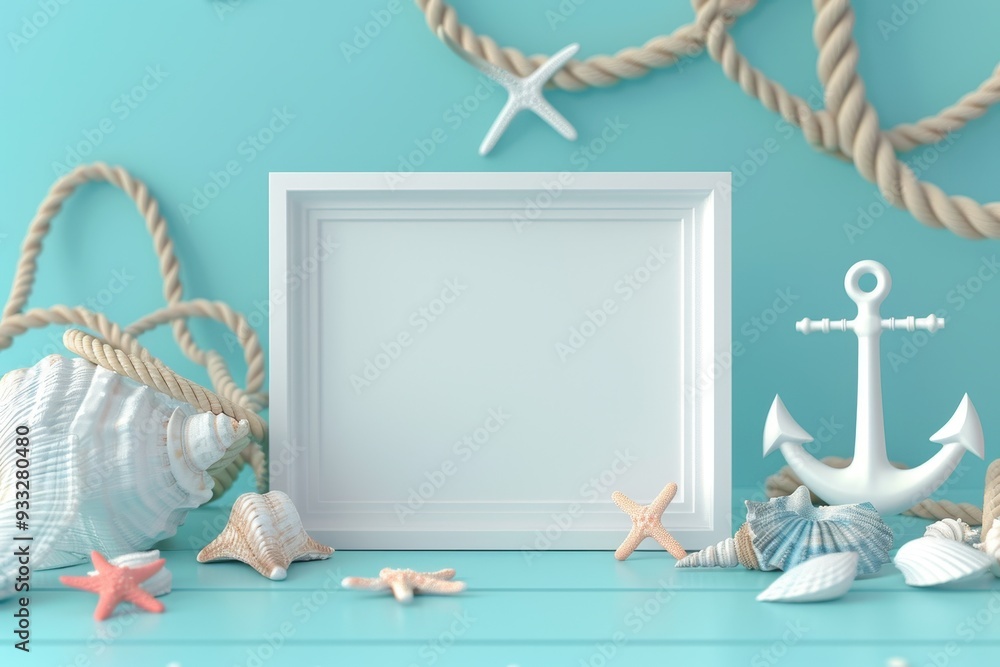 Poster a white frame with a cross on it sits on a table with seashells