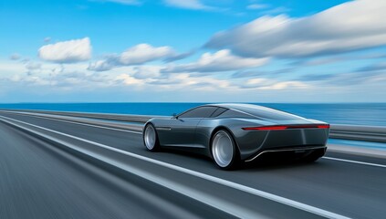 Futuristic electric car speeding on open road