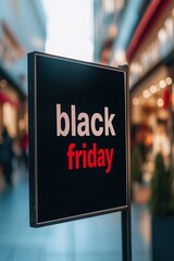 A bold Black Friday signboard displayed on a bright urban street, capturing the vibrant energy of the holiday shopping season.