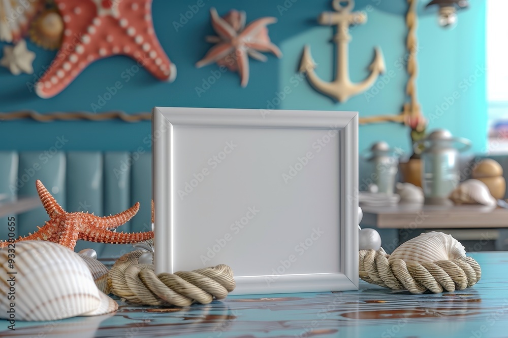 Poster a white frame with a cross on it sits on a table with seashells
