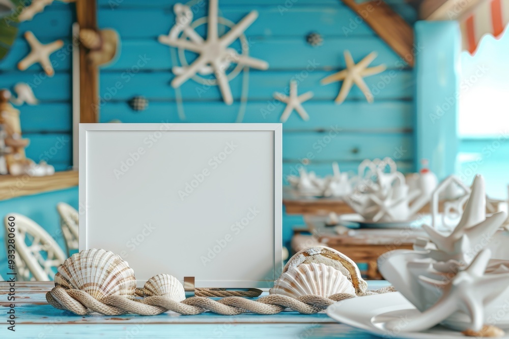 Poster a white frame with a cross on it sits on a table with seashells
