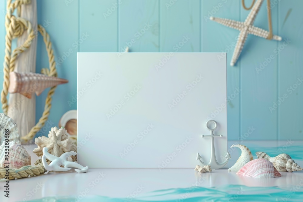 Poster a white frame with a cross on it sits on a table with seashells
