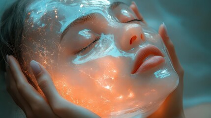 Fototapeta premium conceptual image of hands holding a translucent head with a smiley face surreal style mental health theme soft pastel colors ethereal glow positive energy