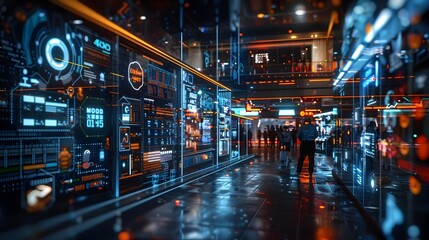 Futuristic Marketplace with Neural Technology Powered Shoppers and Digital Assistants Enabling Seamless Transactions