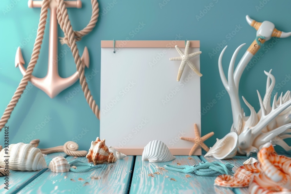Poster a white frame with a cross on it sits on a table with seashells