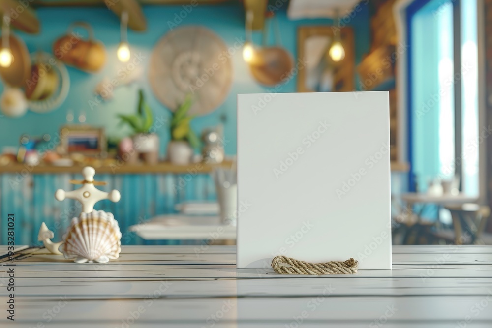 Poster a white frame with a cross on it sits on a table with seashells