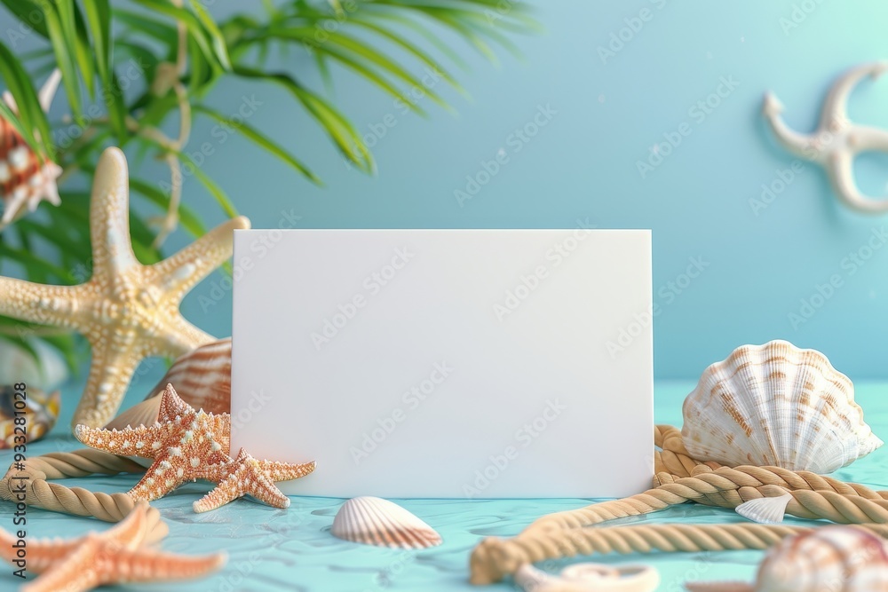 Poster a white frame with a cross on it sits on a table with seashells