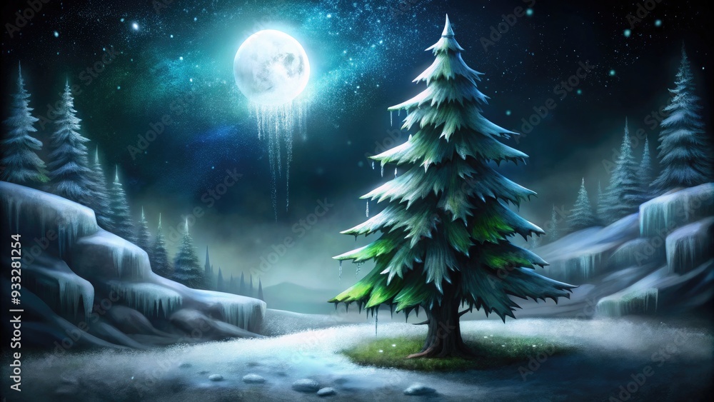 Poster Snowy landscape with a full moon and evergreen trees