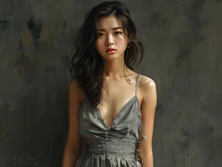 Fototapeta premium Asian woman wearing a gray sleeveless summer dress