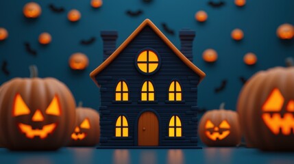 Enchanted Pumpkin House in Cartoonish Style with Glowing Windows for Halloween, - Perfect Copy Space