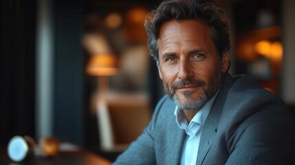 confident middleaged businessman in sleek office leaning on modern desk dramatic lighting emphasizes determined expression