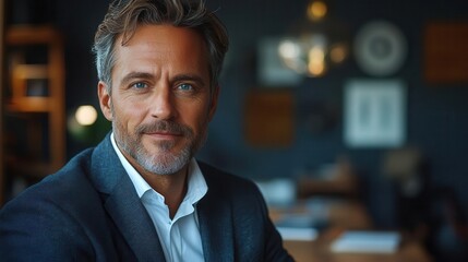 confident middleaged businessman in sleek office leaning on modern desk dramatic lighting emphasizes determined expression