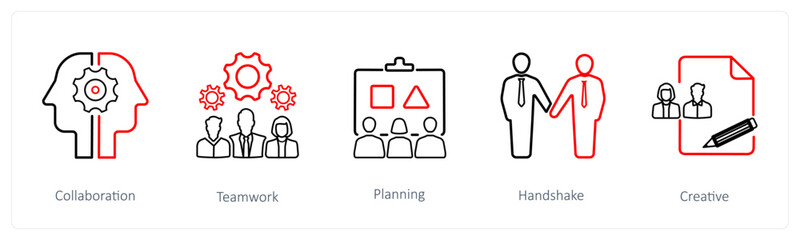 A set of 5 business icons such as collaboration, teamwork