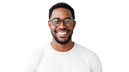 Portrait of joyful happy african american young man in eyeglasses standing isolate on transparency background PNG.
