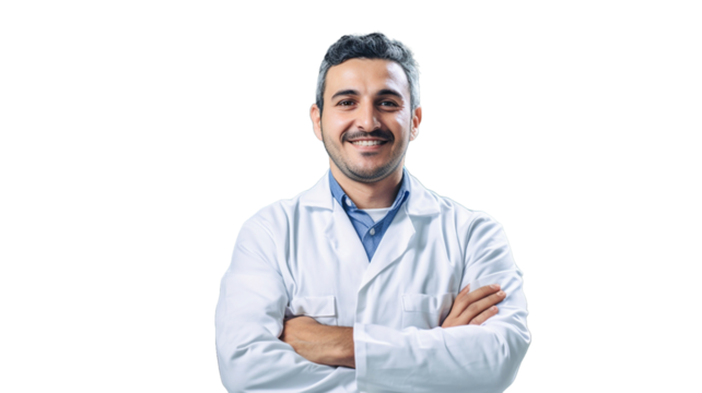 Portrait of confident young medical doctor standing isolate on transparency background PNG. 
