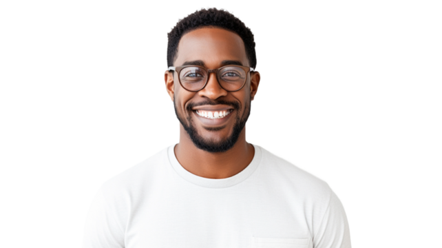 Portrait of joyful happy african american young man in eyeglasses standing isolate on transparency background PNG.
