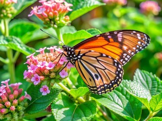 Fototapeta premium Vibrant monarch butterfly perches on delicate pink lantana flower, its intricate wings glisten in warm sunlight, surrounded by lush green foliage on a serene summer day.