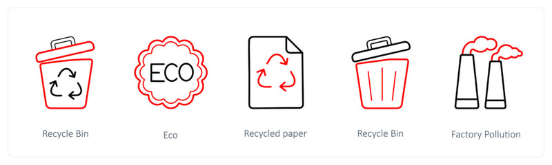 A set of 5 weather icons such as recycle bin, eco