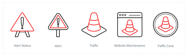 A set of 5 under maintenance icons such as alert notice, alert, warning