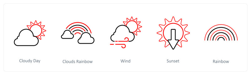 A set of 5 weather icons such as cloudy day, cloud rainbow