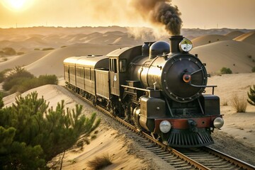 Fototapeta premium Vintage Indian locomotive chugs along weathered stone rails, set against a dramatic wild landscape of sandy dunes and rugged terrain, amidst a warm sunset.