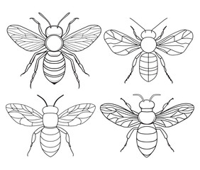 Set of a bee illustration silhouette line art vector