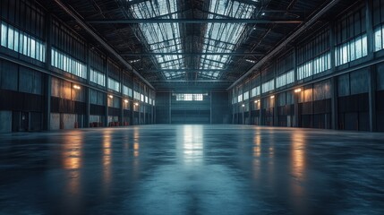 Obraz premium Spacious Modern Industrial Warehouse Interior with High Ceilings and Large Windows
