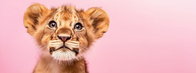 Obraz premium A lion cub's shocked expression in tight focus against a pink backdrop