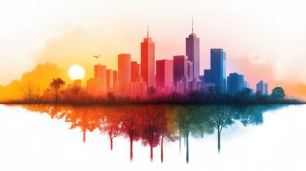 Fototapeta premium Urban Nature Fusion: Abstract Watercolor City Skyline with Environmental Insights