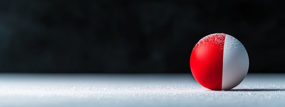  A red and white egg atop a white table against a black-and-gray backdrop; striped with red and white