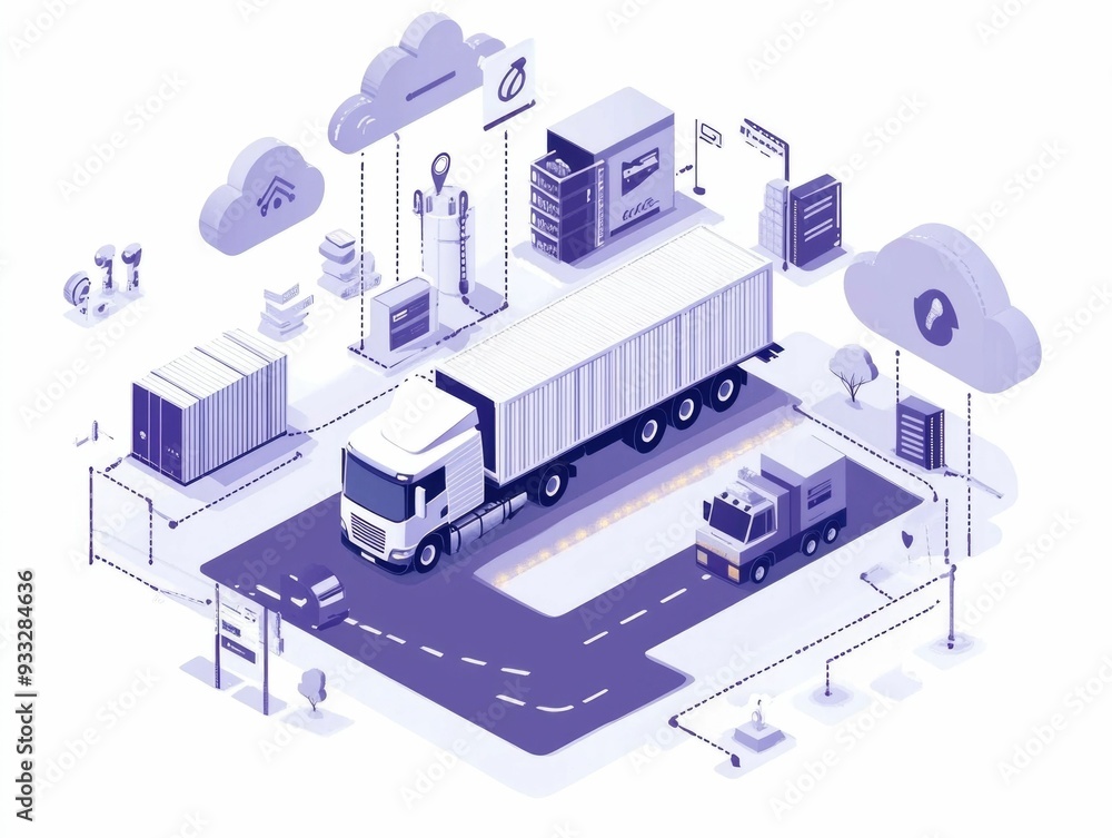 Poster flat design depicting cloud based logistics and supply tracking system showing data analytics busine