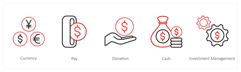 A set of 5 ecommerce and shopping icons such as currency, pay, donation