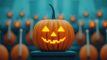 Fototapeta premium Spooky Pumpkin Orchestra in Cartoon Style Halloween Symphony with Glowing Instruments and Copy Space, Selective Focus on Foreground -