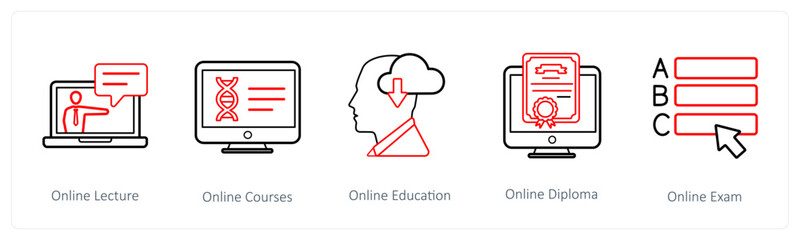 A set of 5 online education icons such as online lecture, online courses