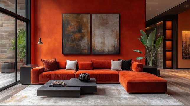 contemporary living room with plush velvet sofa abstract art designer lighting rich textures warm color palette sophisticated ambiance
