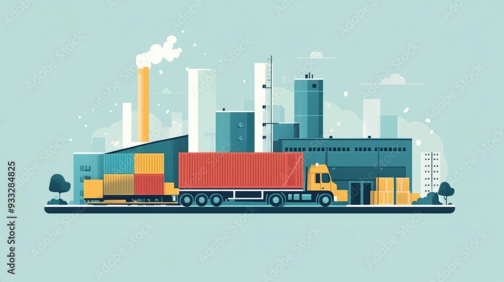 Poster flat design depicting the key elements of an optimized supply chain management system including logi